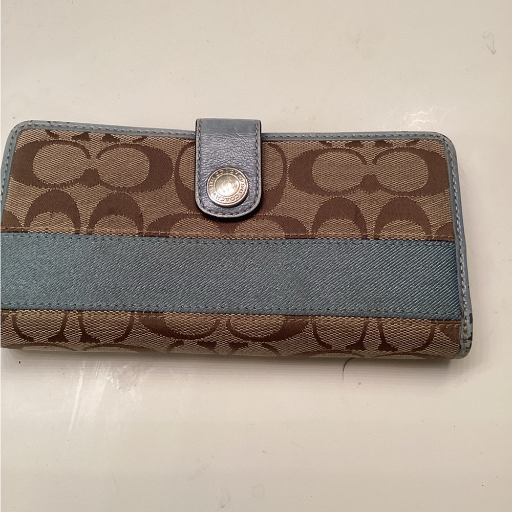 Coach Continental Wallet in Brown and Light Blue Trim